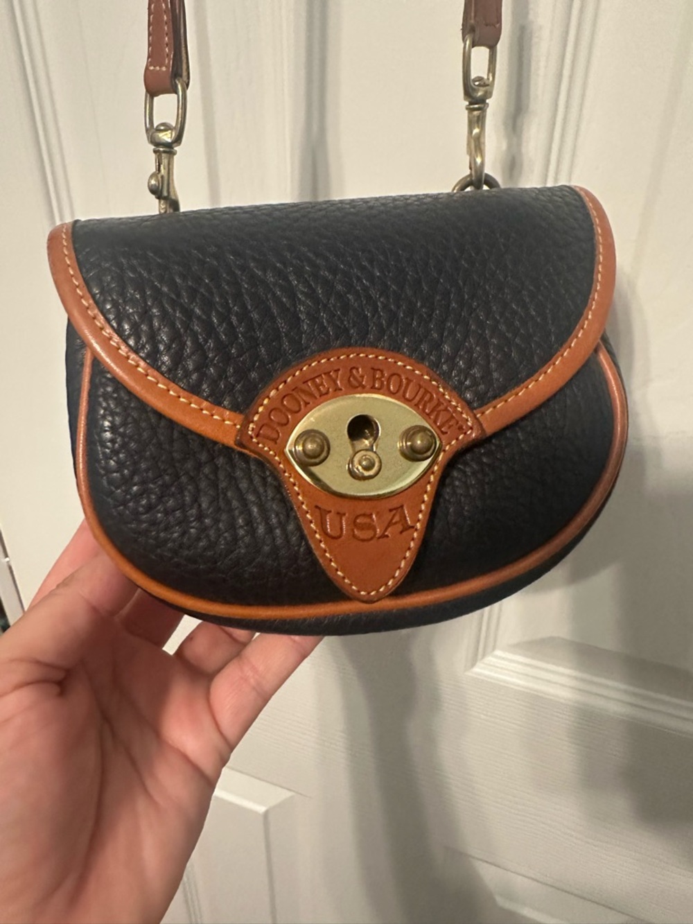 Dooney & Bourke Navy Pebbled Leather Mini Crossbody with Tan Trim